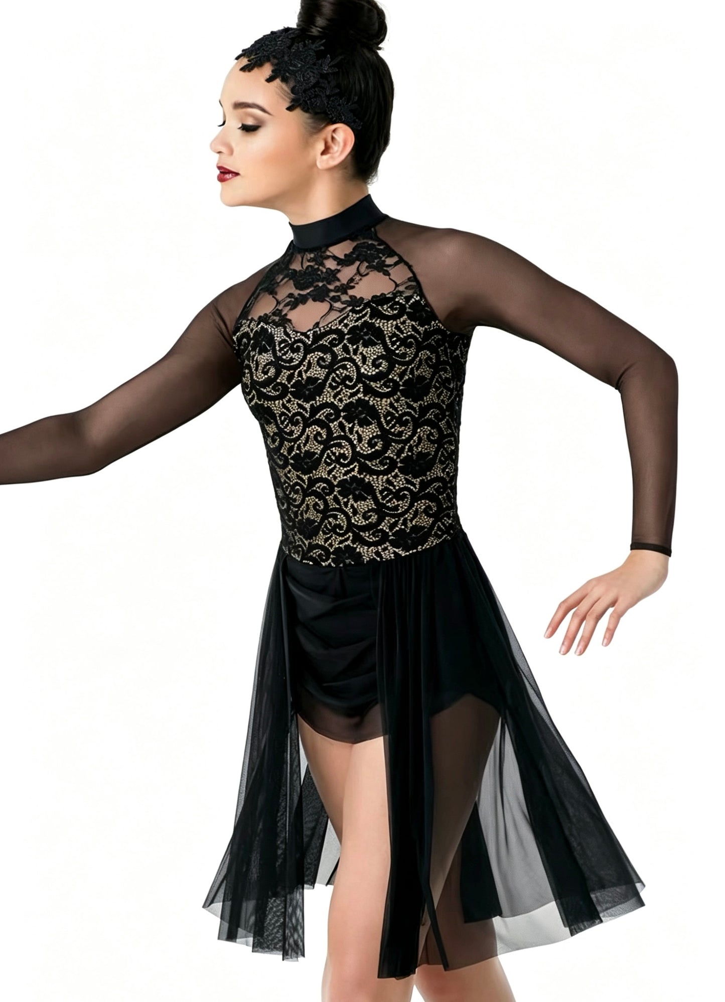 Black Lace Long-Sleeve High-Low Dress