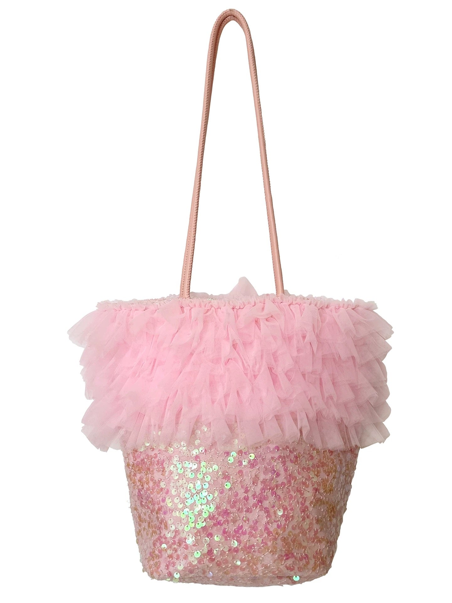 Iridescent Pink Sequin Tulle Tote Bag Lightweight Puffy Tulle Handbag Versatile Shoulder Bag