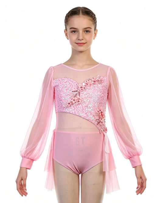 Pink Long-Sleeve Mesh Leotard
