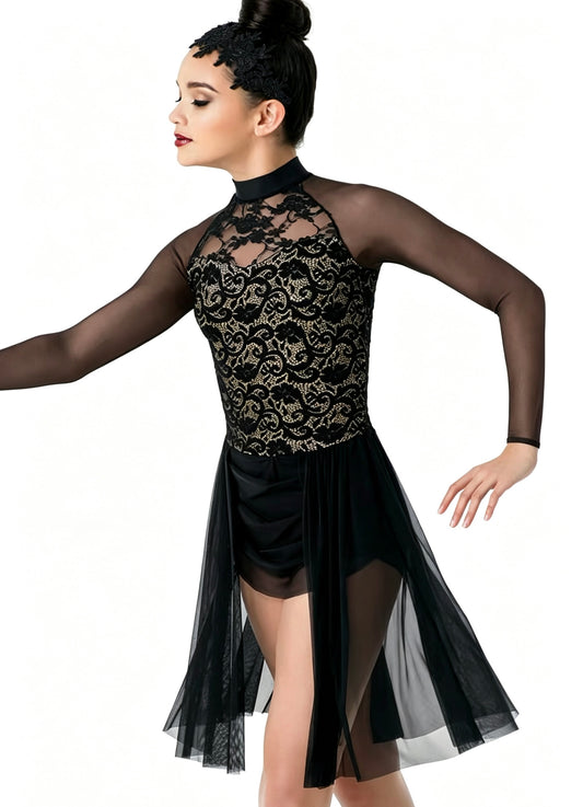 Black Lace Long-Sleeve High-Low Dress
